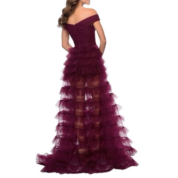 La Femme 28804 Dark Berry A-Line Off The Shoulder Tiered Maxi Dress Size 8 NWT - Picture 2 of 6